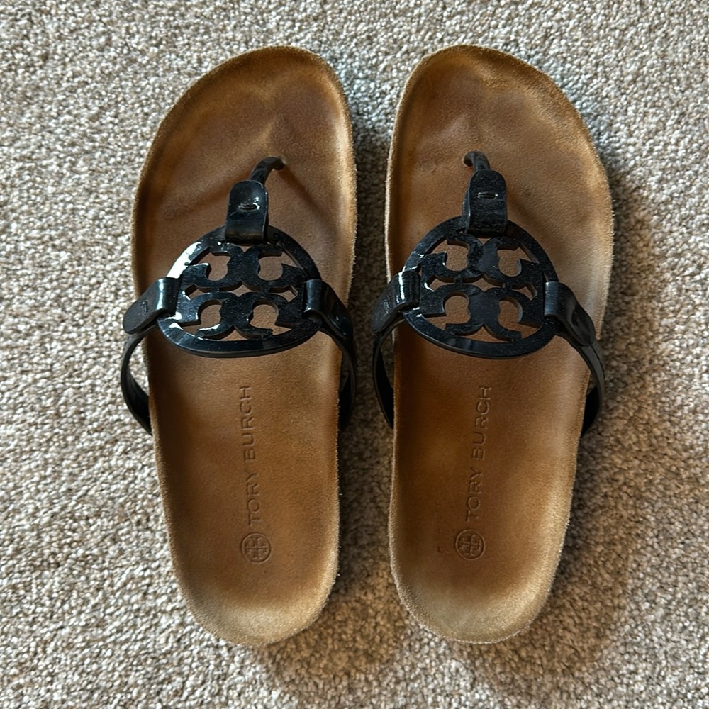 Tory Burch Black Logo Thong Sandals with Brown Footbed